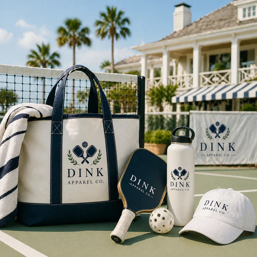 Dink Apparel products on a pickleball court