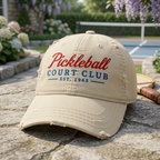 Pickleball Court Club Est. 1965 Distressed Dad Hat — Worn In, Backed Up, Impossible to Argue With