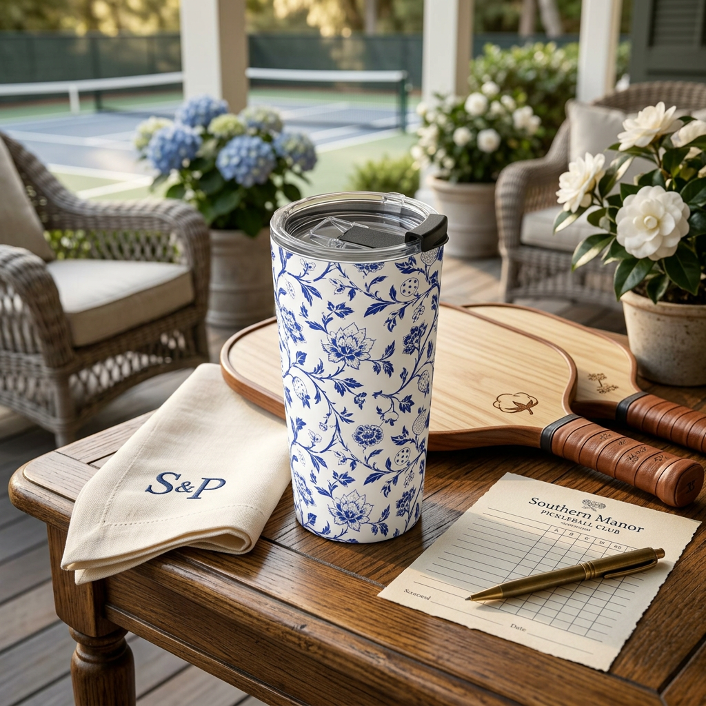 Blue Willow Pickleball Floral 20oz Stainless Steel Tumbler — Fine China Energy, Court-Ready Soul