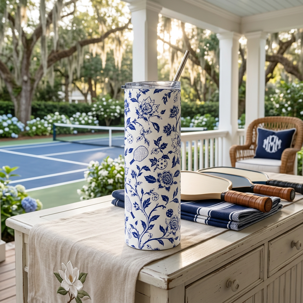 Blue Willow Pickleball Floral 20oz Tall Stainless Steel Tumbler — Elegance With a Straw, Attitude With a Paddle
