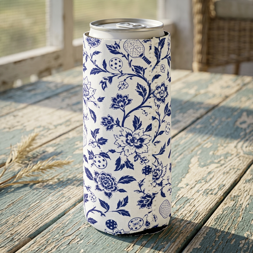 Blue Willow Pickleball Floral Can Cooler — Keep It Cold, Keep It Classy