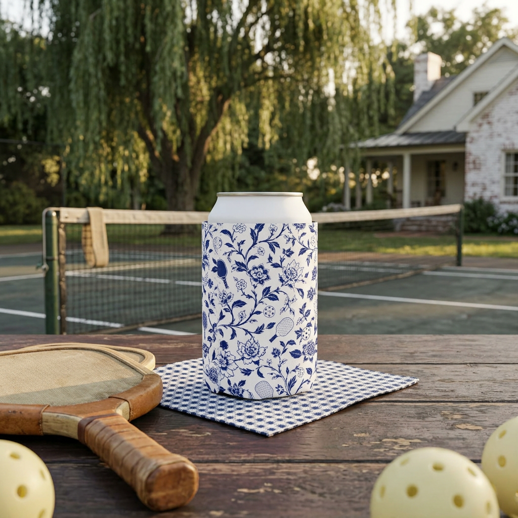Blue Willow Pickleball Floral Can Cooler — Keep It Cold, Keep It Classy