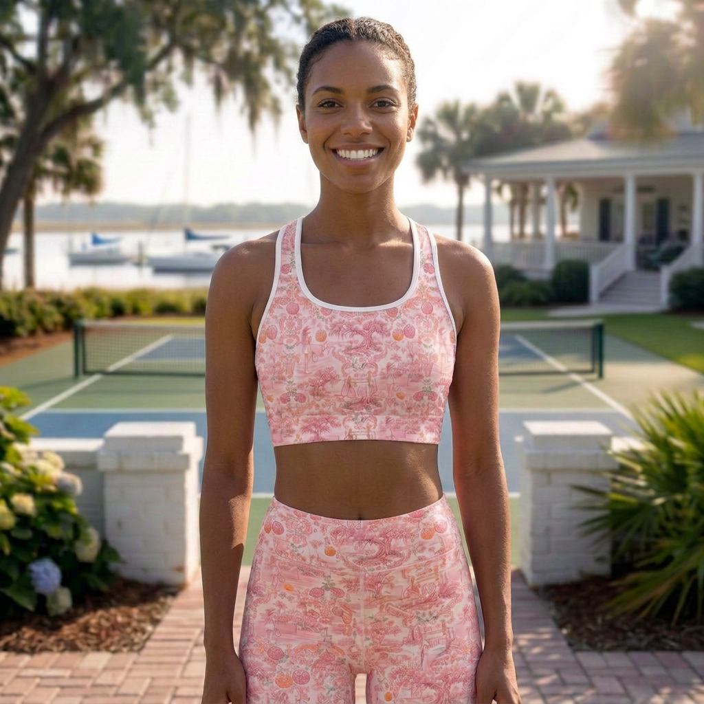 Magnolia Court Southern Toile Pickleball Sports Bra — Support Your Game in Full Southern Bloom