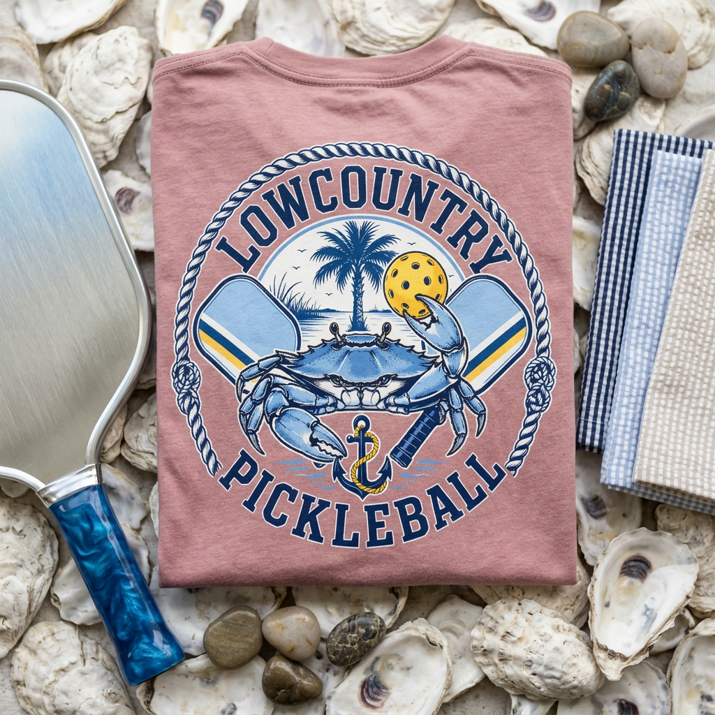 Lowcountry Pickleball Tee — Dink Hard, Eat Crabs, Repeat