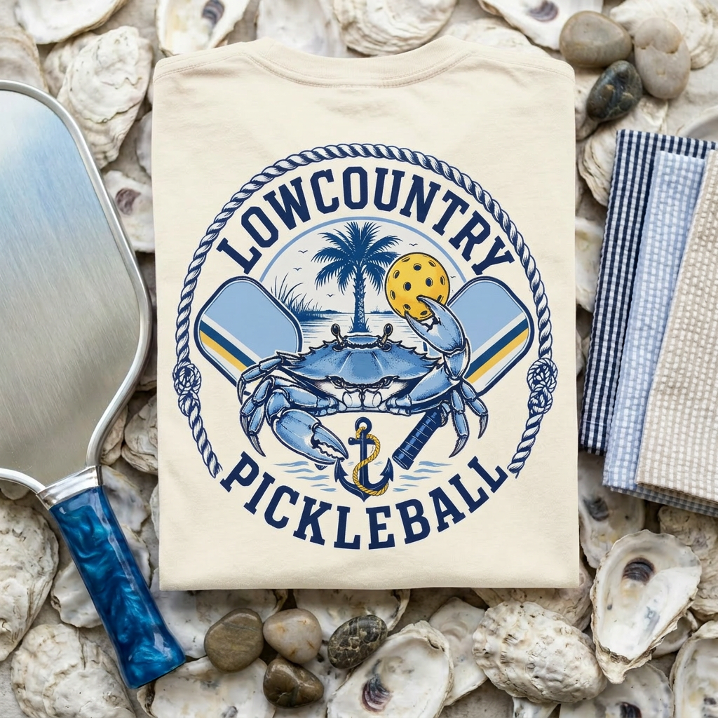 Lowcountry Pickleball Tee — Dink Hard, Eat Crabs, Repeat