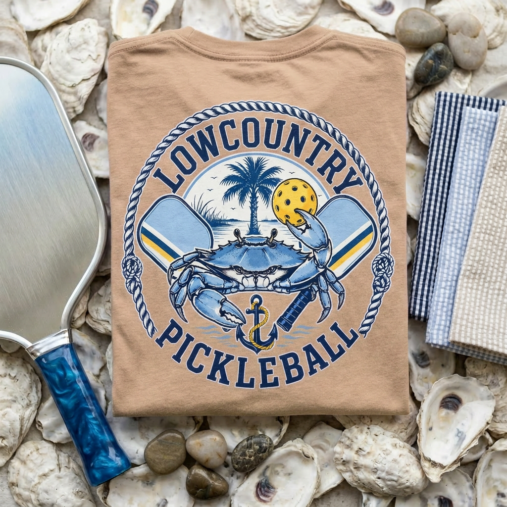 Lowcountry Pickleball Tee — Dink Hard, Eat Crabs, Repeat