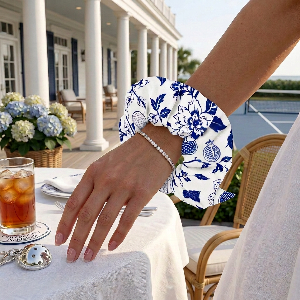 Blue Willow | Pickleball Floral Print Scrunchie
