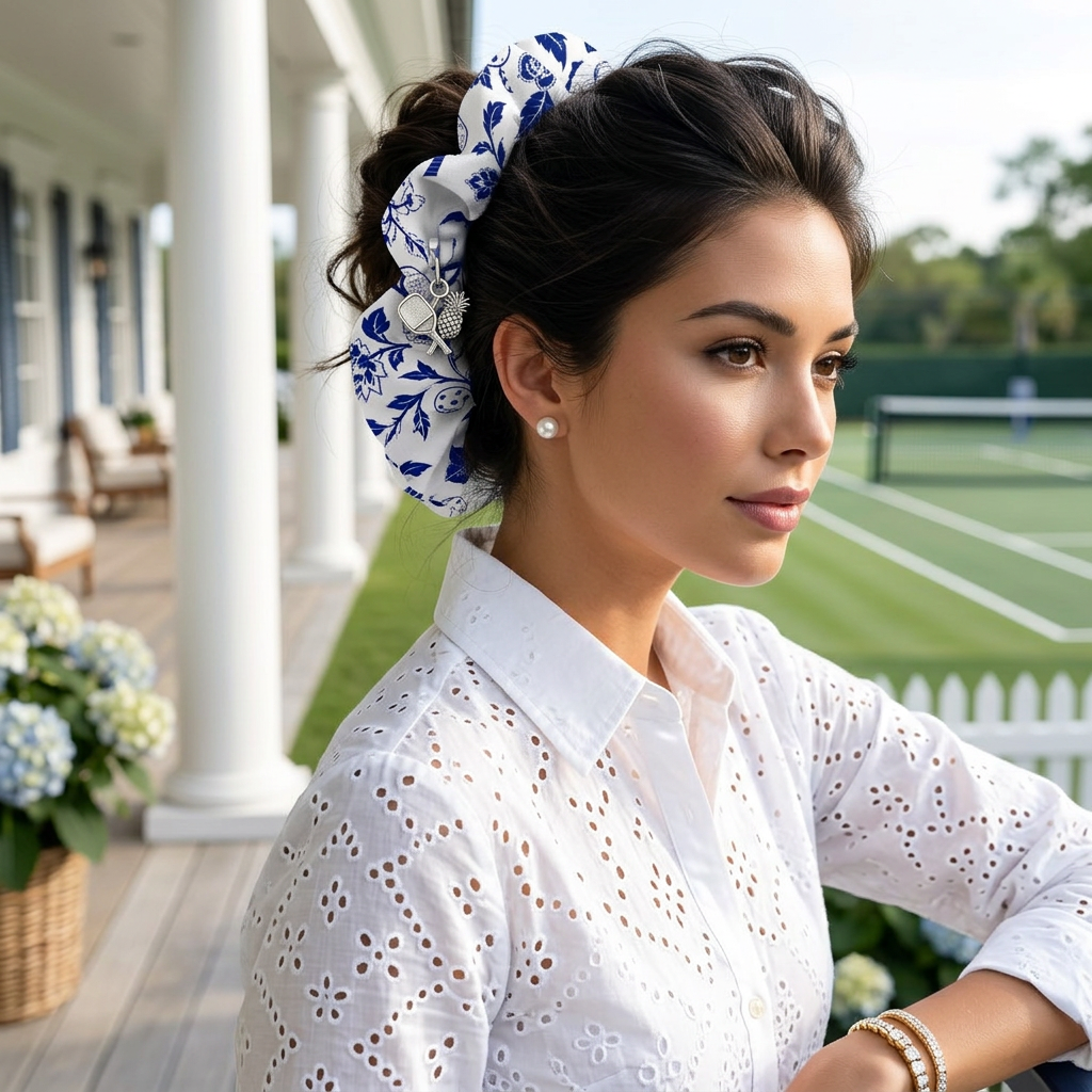 Blue Willow | Pickleball Floral Print Scrunchie