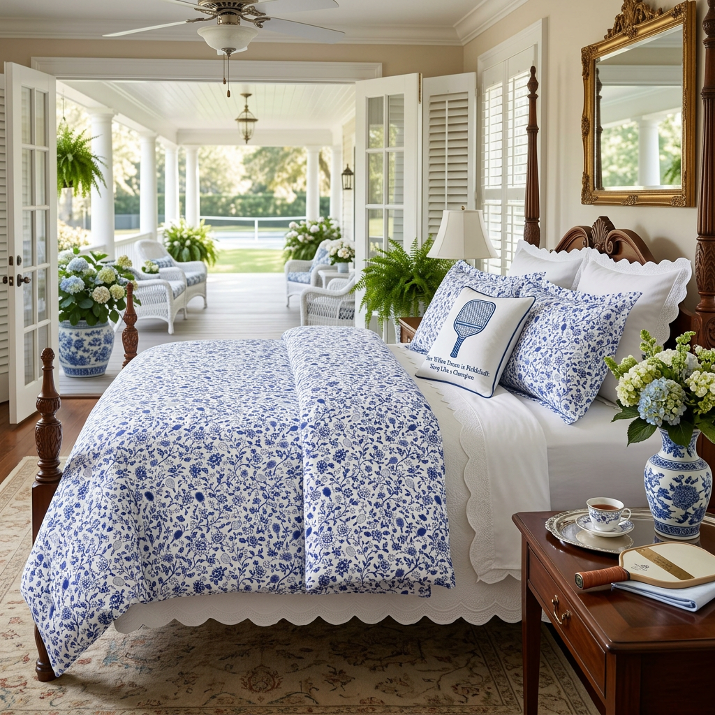 Blue Willow Dream in Pickleball Floral Microfiber Duvet Cover — Sleep Like a Champion