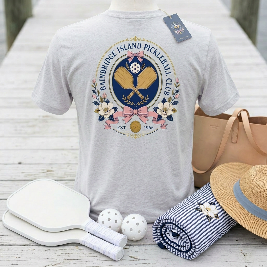 Bainbridge Island Pickleball Club Floral Crest Est. 1965 Tee — Member of the Most Historic Club in the Game