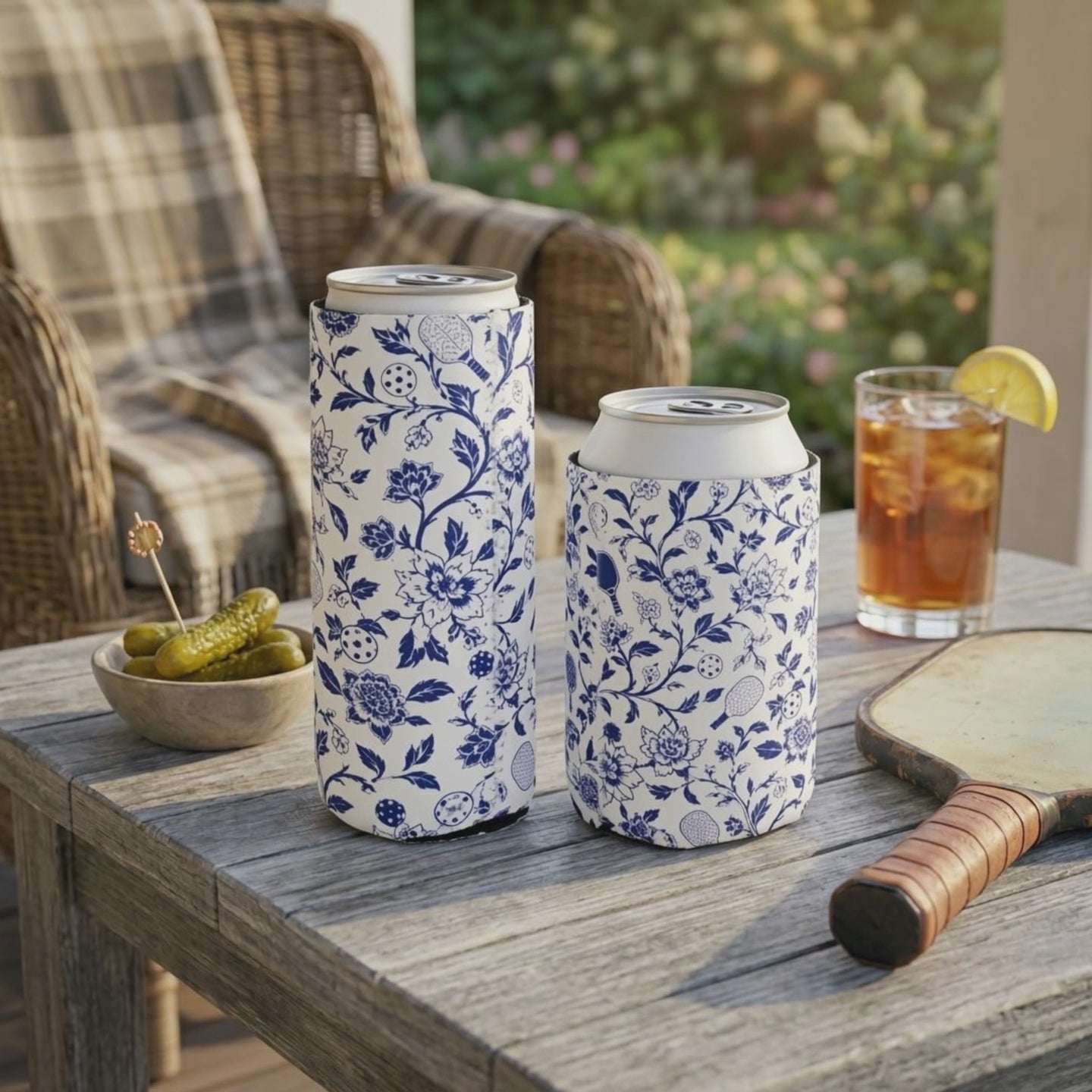 Blue Willow Pickleball Floral Can Cooler — Keep It Cold, Keep It Classy