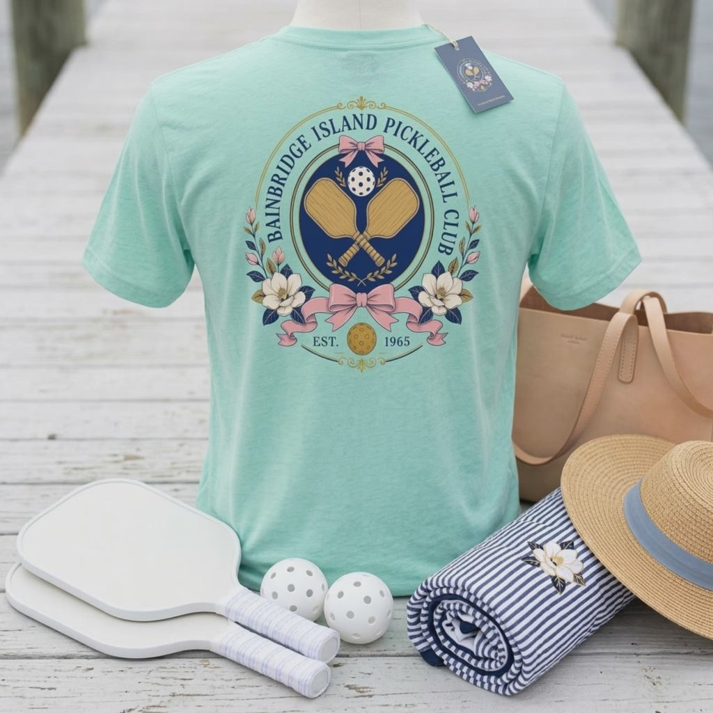 Bainbridge Island Pickleball Club Floral Crest Est. 1965 Tee — Member of the Most Historic Club in the Game